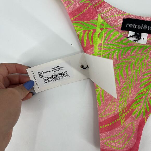 RETROFETE Kailey Bikini Bottom Tropical Palm Ring Loop Stretch Green Pink XL NEW - Picture 6 of 6